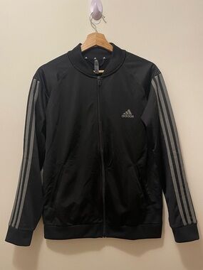 adidas Black Track Jacket with Gray Sleeve Stripes